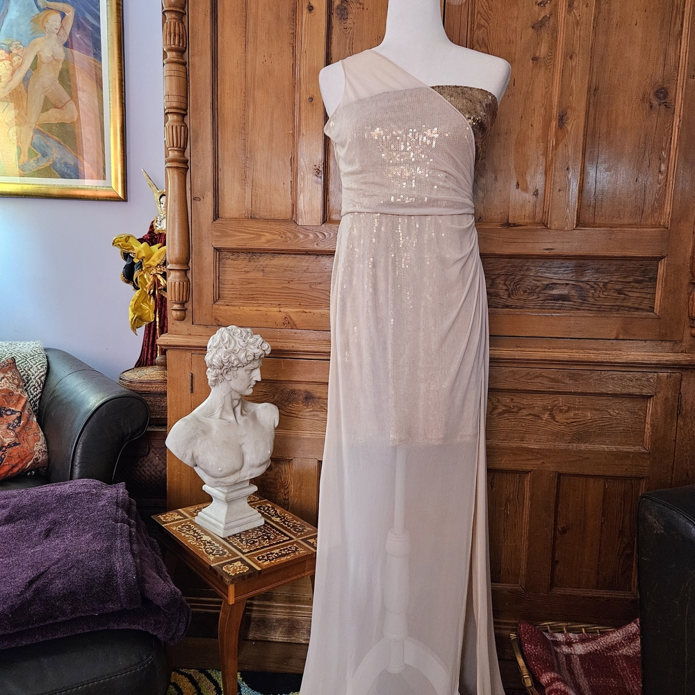 Decode 1.8 Rose Gold One Shoulder Long Sequin Gown With Sheer Overlay